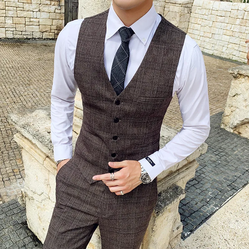 (Jackets + Vest + Pant) Men Groom Wedding Dress Plaid Formal Suits Set High Quality Men Fashion Casual Business Suit Three-piece