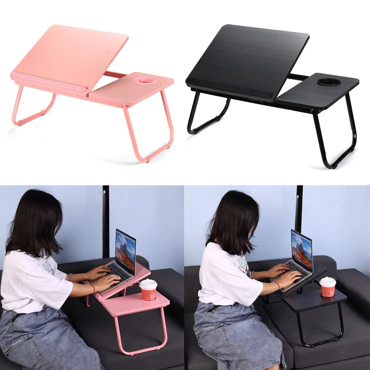 Adjustable Laptop Table for Bed Sofa Portable Notebook Tray Lap Tablet Computer Stand for Eating Writing Reading with Cup Holder