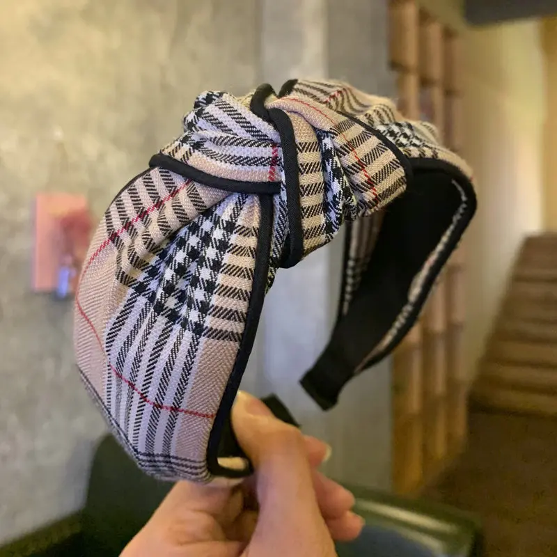 Korea Plaid Stripe Knot Headbands For Women High Quality Houndstooth Fabric Classic Wide Headband Girls knotted Hair Accessories