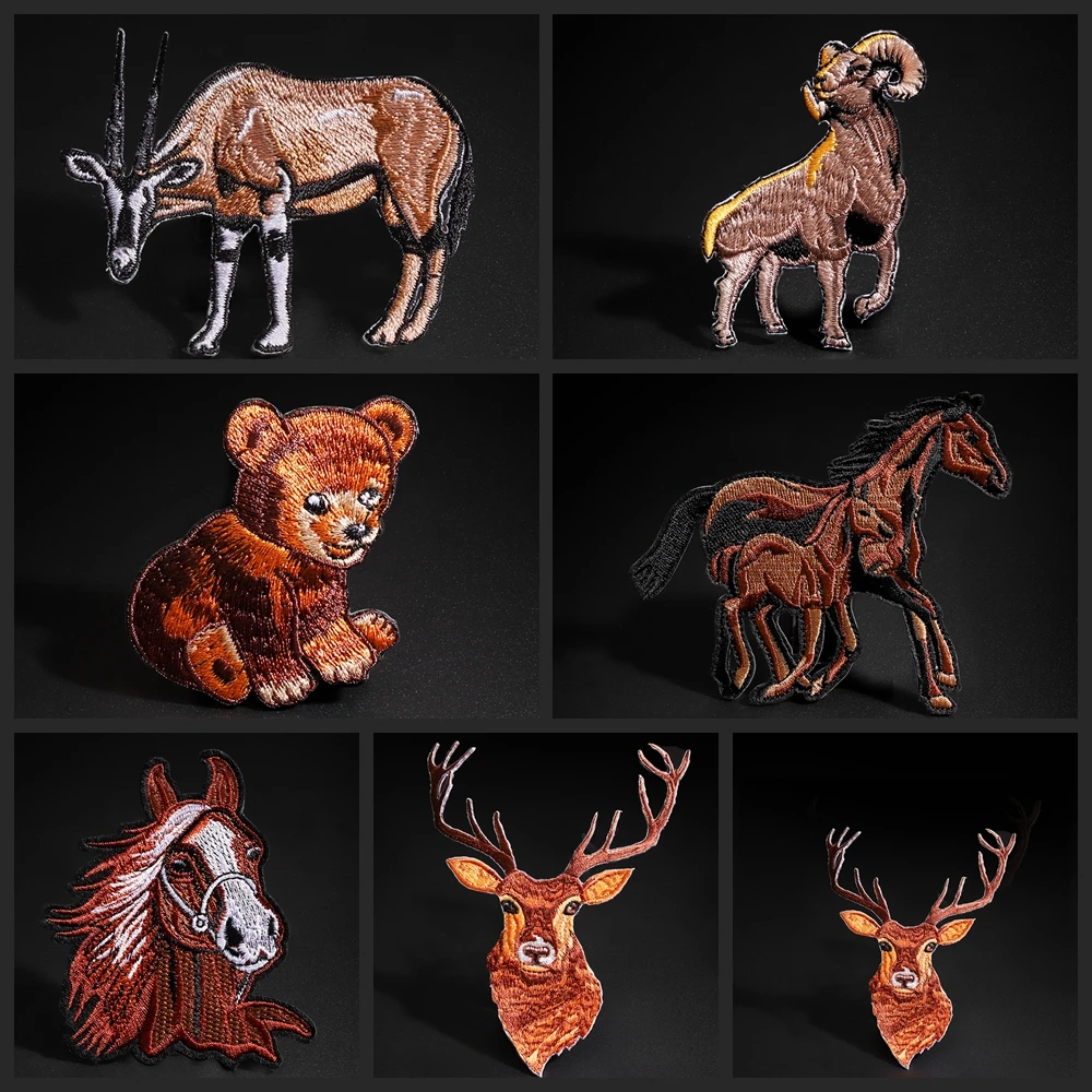 Parches de ropa de animales de oso de antílope de caballo, camiseta, abrigos, jeans, niñas, niños, planchado en la ropa, pegatinas decorativas bordadas