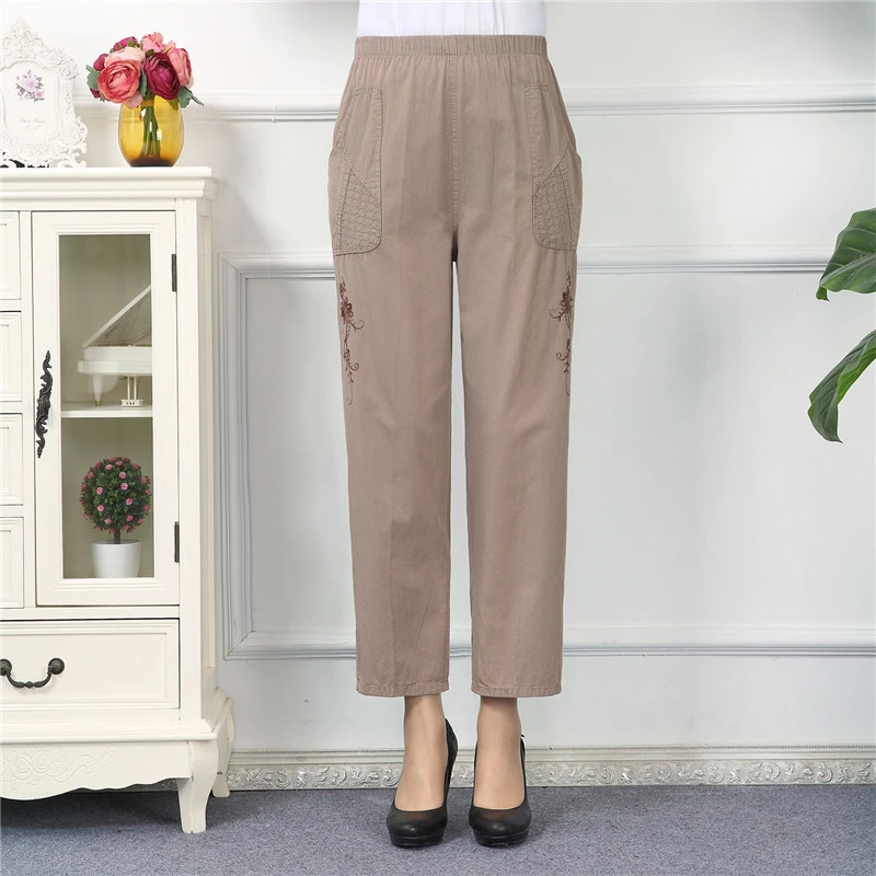 

Women Pants Casual Ankle Length Trousers 2022 Summer Autumn Solid Elastic Waist Embroidery Pants Pantalones Mujer