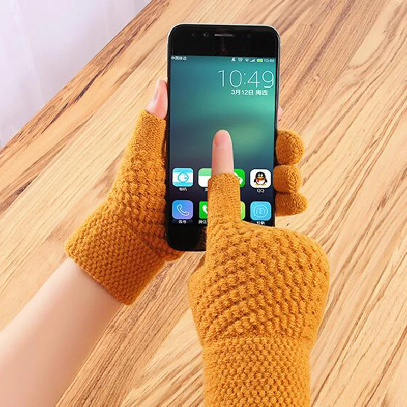 Unisex Cashmere Half-finger Cycling Mittens Women Winter Warm Thick Knit Wool Fingerless Writing Touch Screen Driving Gloves H68