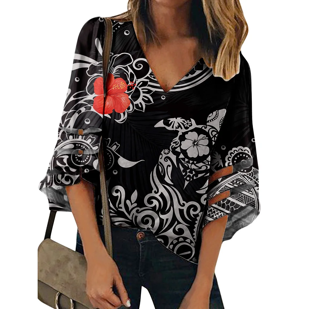 

Newest Custom Polynesian Traditional Tribal Plumeria Printing Woman Dresses Women Casual Long Sleeve Fall Retro Styl