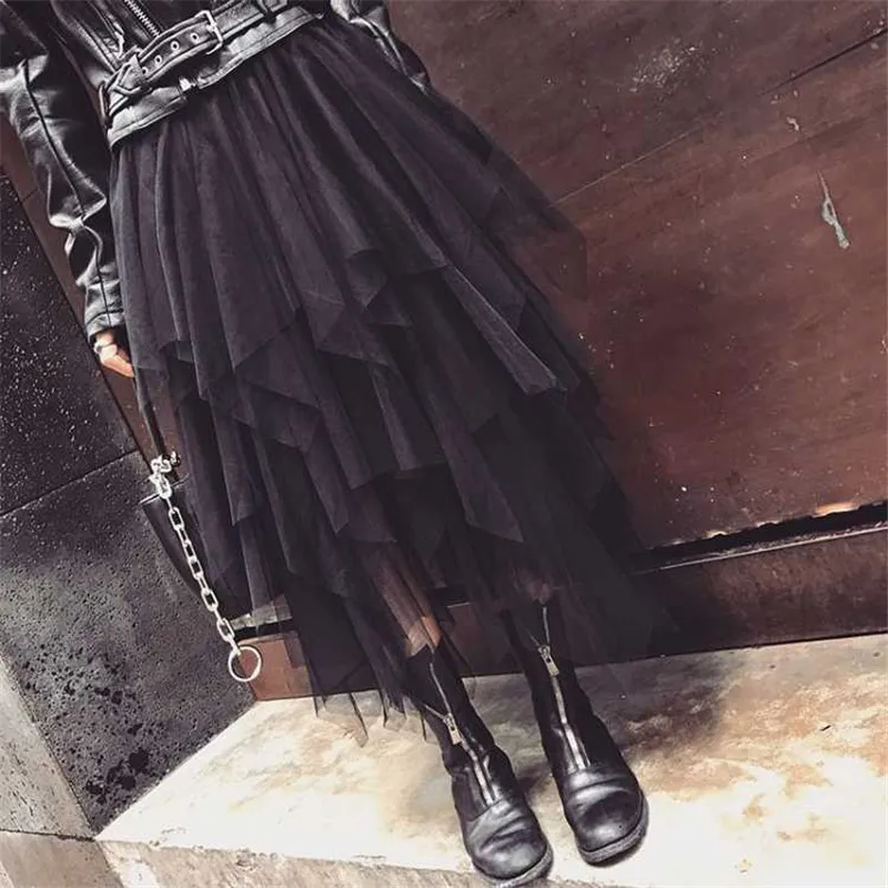 Elastic High Waist Irregular Tulle Midi Skirt Fashion Womens Mesh Tutu Maxi Pleated Long Skirt 2019 Faldas Mujer Moda Saias Jupe