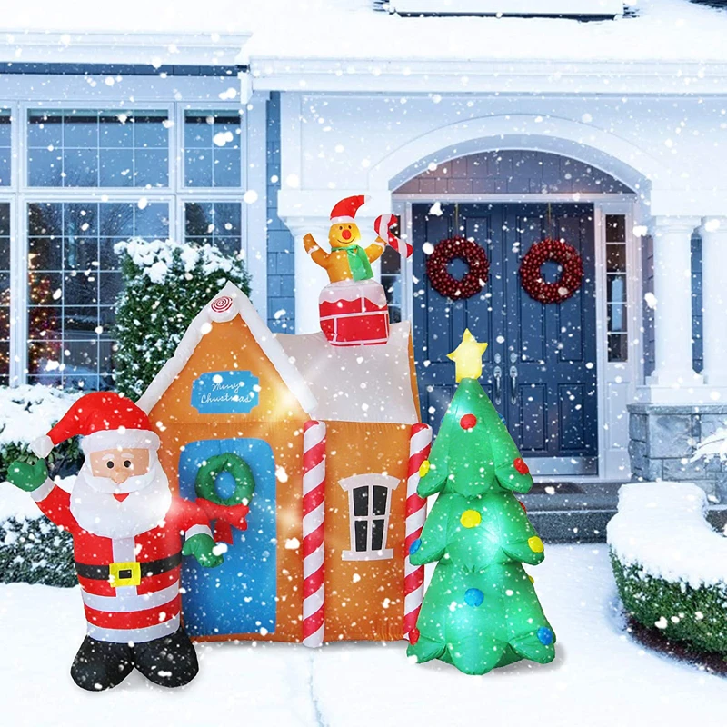 6 Ft Christmas Inflatable Santa\'s House with Christmas Tree & Gingerbread Man LED Blow Up Yard Decorations Christmas Party Toys