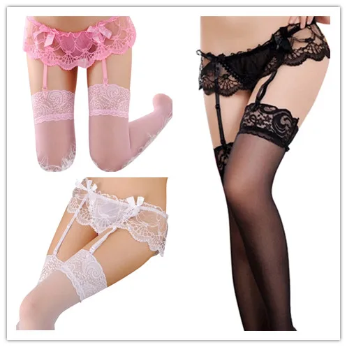 Stoking Seksi Atasan Renda Stoking High-High Paha & Set Suspender Sabuk Garter Pakaian Dalam Wanita Pantyhose Sabuk Garter 3 Warna