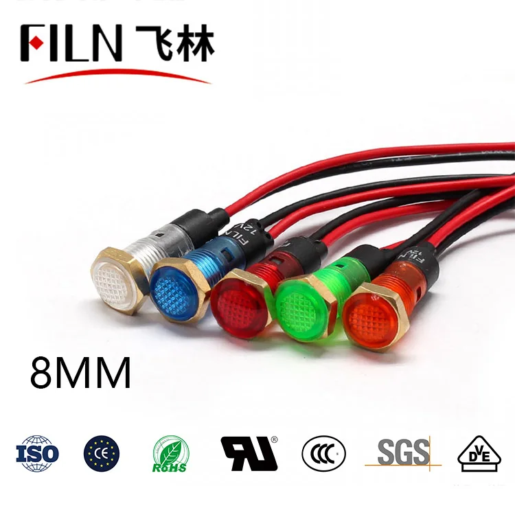 

FILN Plastic 8mm 12v 110v 24v led high lumen control panel indicator light red green light with wire