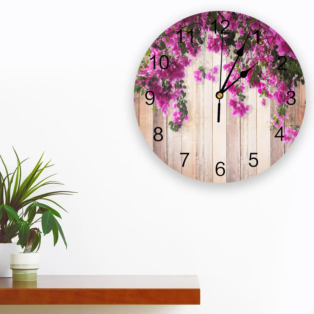 Red Flowers Planks Leaves Plant Wall Clocks Non Ticking for Girl Boy Bedroom Bathroom Kitchen Living Room Office Round Clock