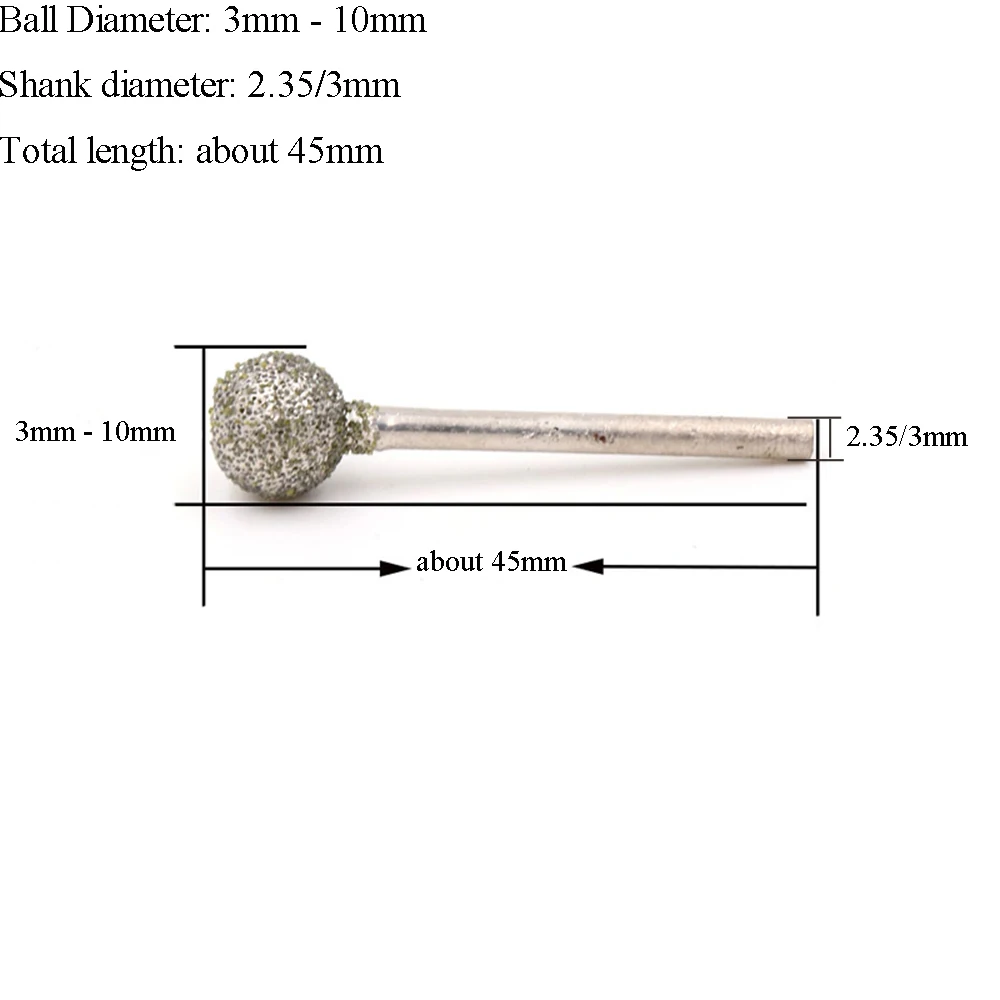 5/10/20PCS 3mm-10mm Ball Round Diamond Burr Grinding Bit 2.35/3mm Shank for Dremel 60 Grit