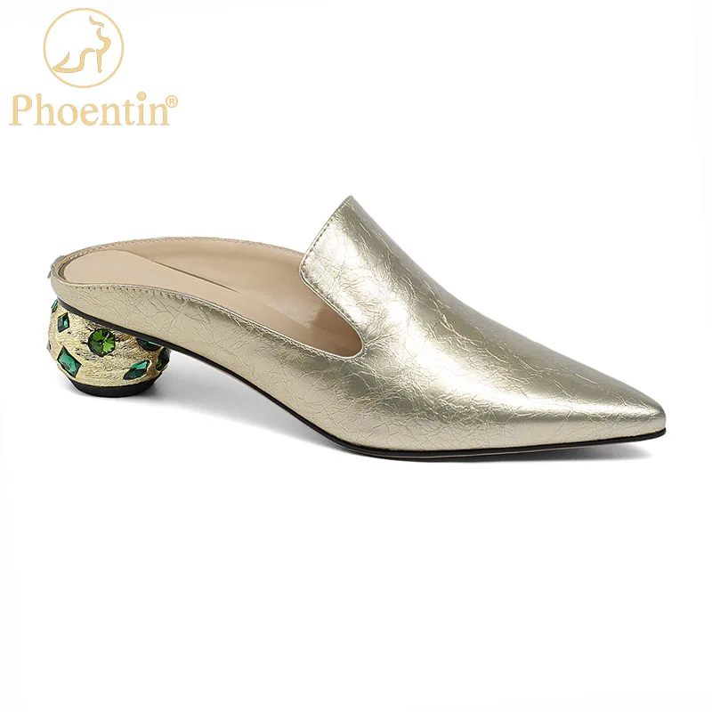 Phoentin Gold woman slippers pointy toe genuine leather ladies slippers summer 2022 crystal middle heels mules shoes FT1002