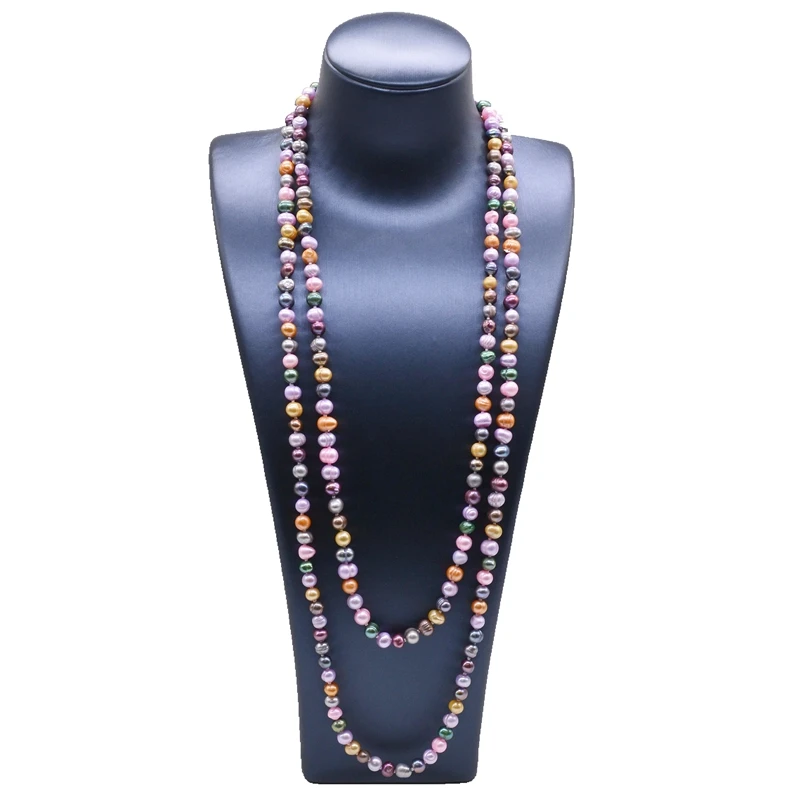 Ladies Long Necklace Colorful Freshwater Pearl Sweater Long Necklace Round Pearl Dress Accessories Double Layer Necklace