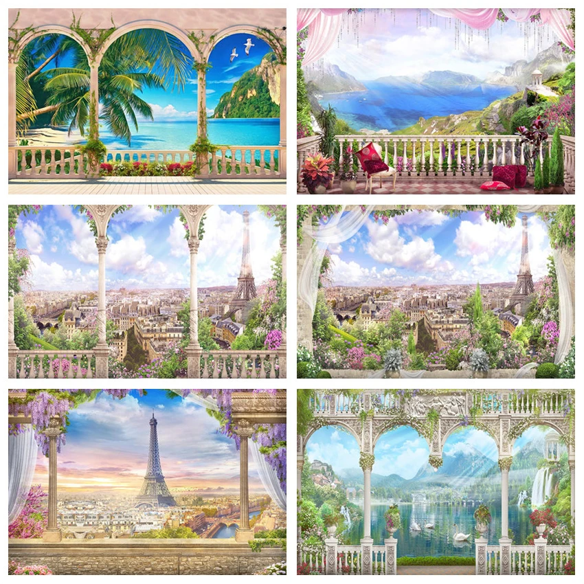 Avezano Pavilion Garden Landscape Photography Backgrounds Village Town Seaside Arch Door Summer Photo Backdrop Studio Photocall