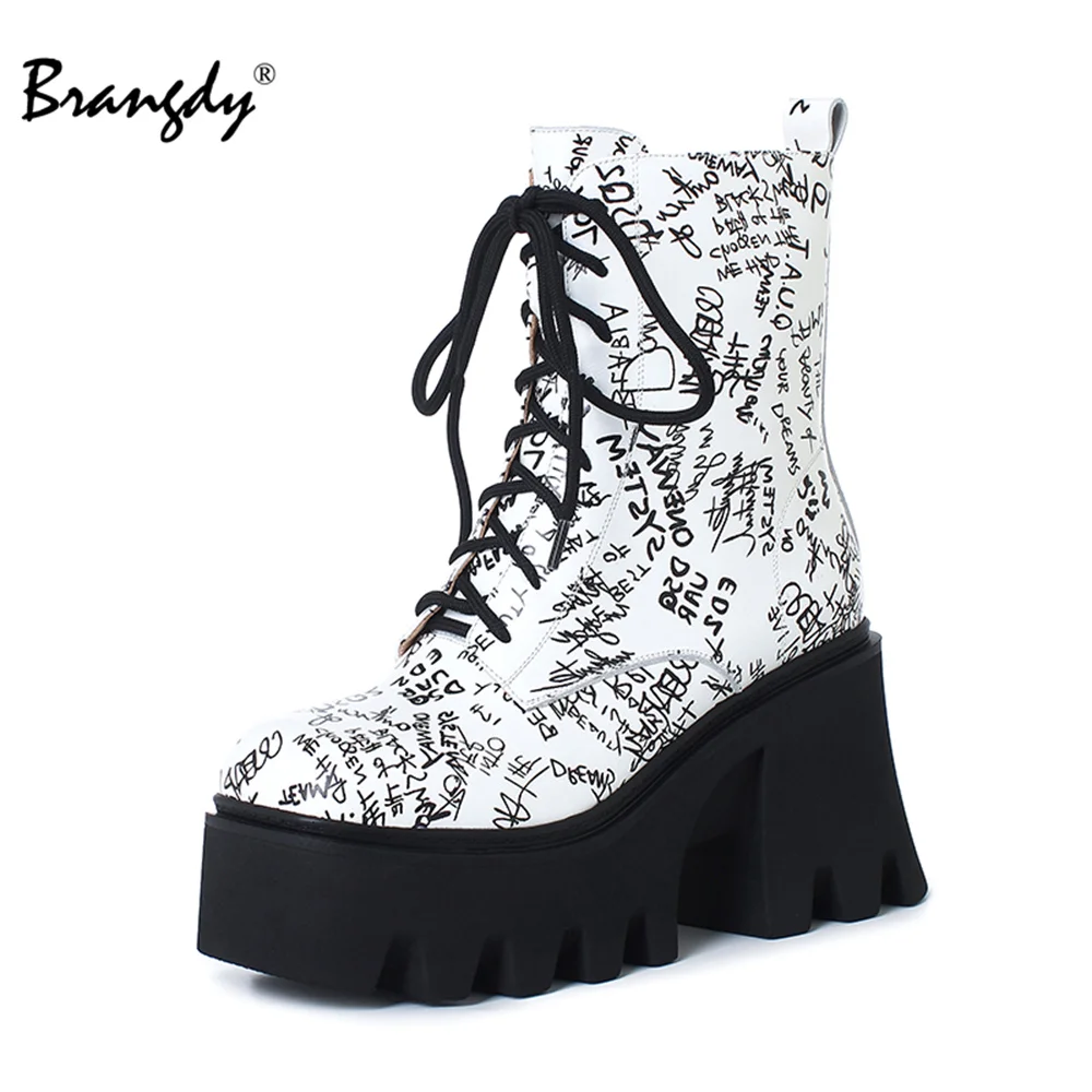 Brangdy Fashion Women Ankle Boots Genuine Leather Doodle Women Shoes Chunky Platform Square Toe Women Winter Boots Fur Zipper