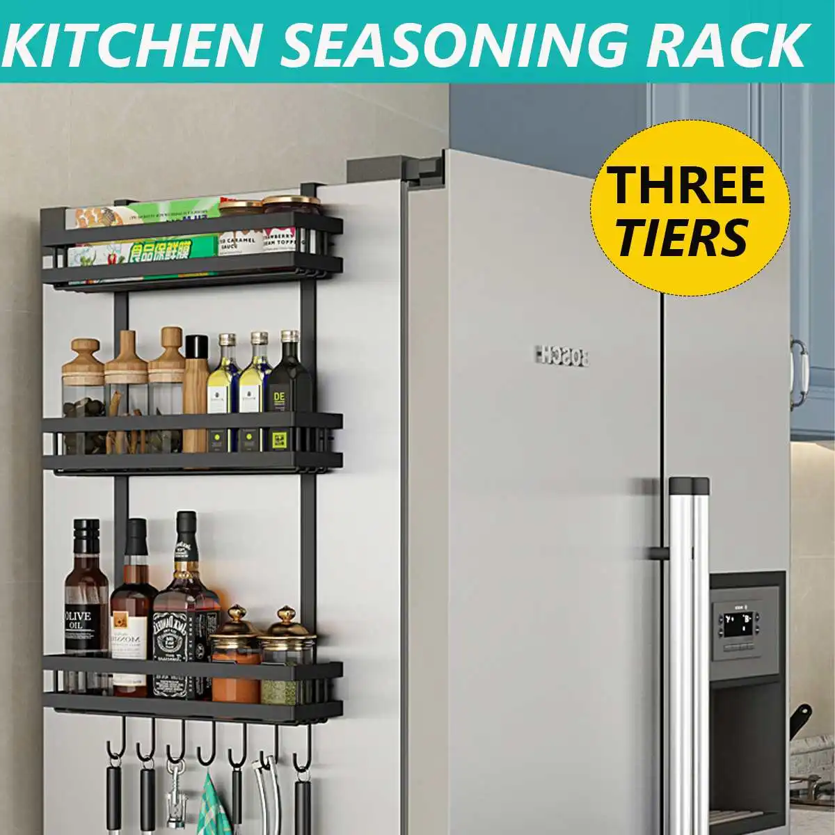 

3-Tier Metal Refrigerator Side Storage Organizer Rack Fridge Spice Rack Multi Use Refrigerator Side Shel Wall-mounted Rack