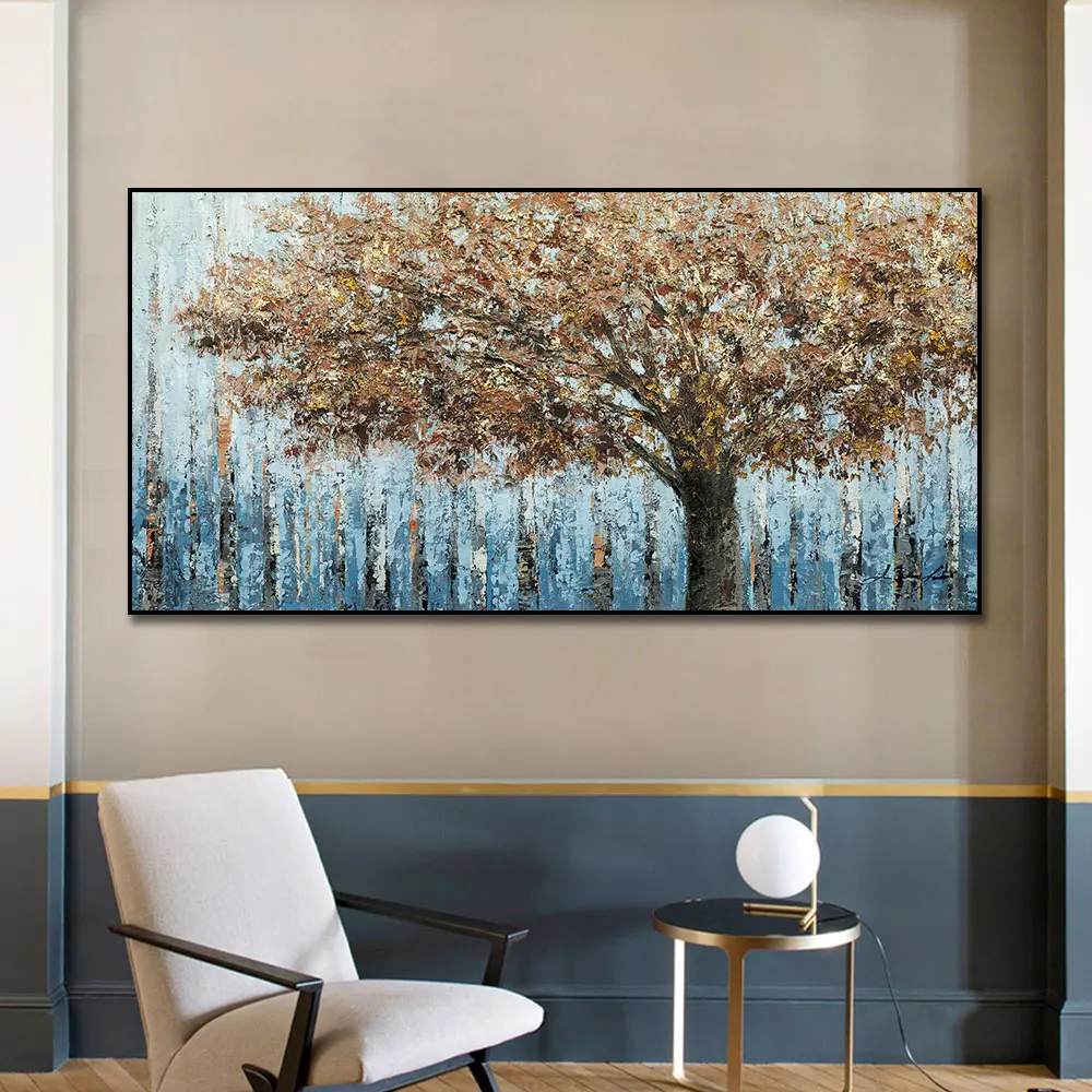 

Hand-painted Wall Art Abstract Landscape Oil Painting Handmade Modern Yellow Tree Oil Painting for Livingroom Wall Decoration