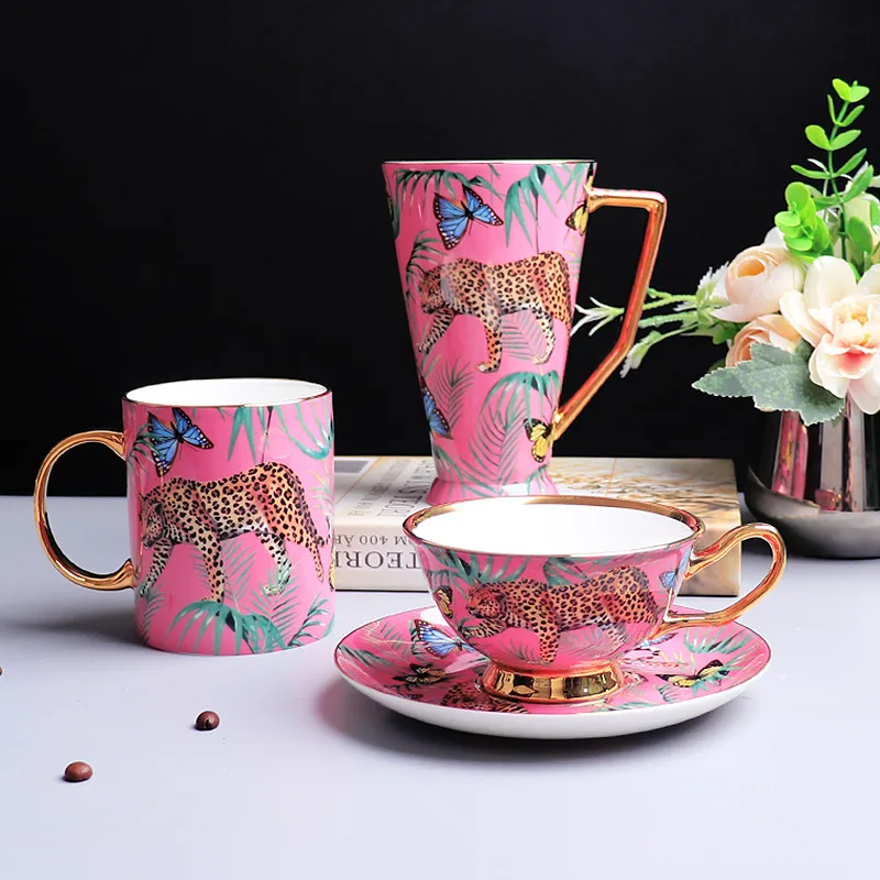 Porcelain Mugs Ceramic Coffee Cups & Saucers Pot Kitchen Tableware Wedding Gifts Birthday Presents Pink/Blue Jungle Series