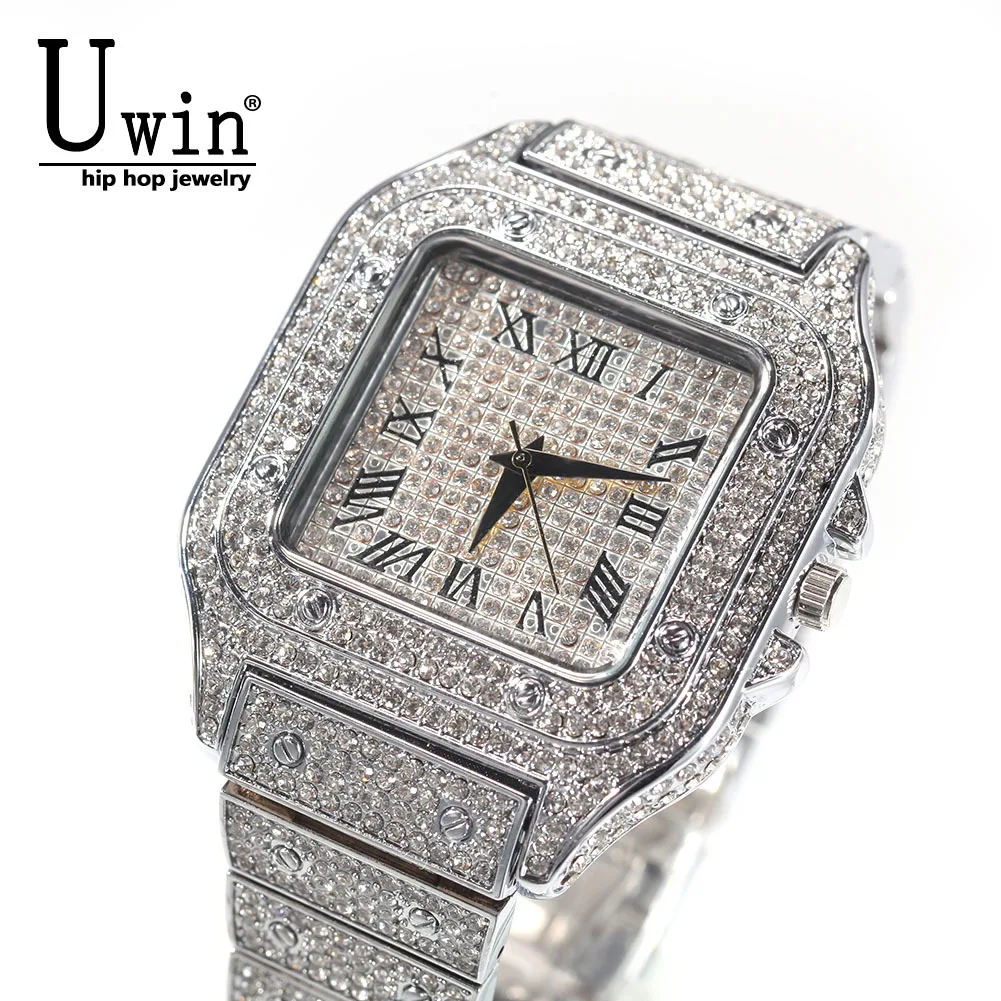 

Uwin Square Full Iced Out Watches Men Stainless Steel Fashion Luxury Rhinestones Quartz Square Business Watch