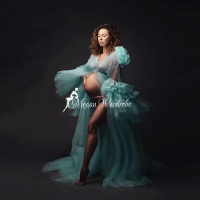 

Chic Sexy See Thru Maternity Dresses For Women New Design A-Line Front Open Long Tulle Dress For Photo Shoot Ropa de maternidad