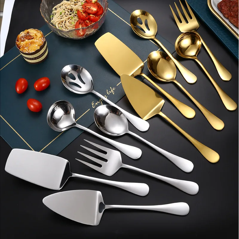 Gold Stainless Steel Western Serving Tableware Fork Spoon Shovel Set Portable Cutlery Dinnerware for Steak Kitchen Utensils