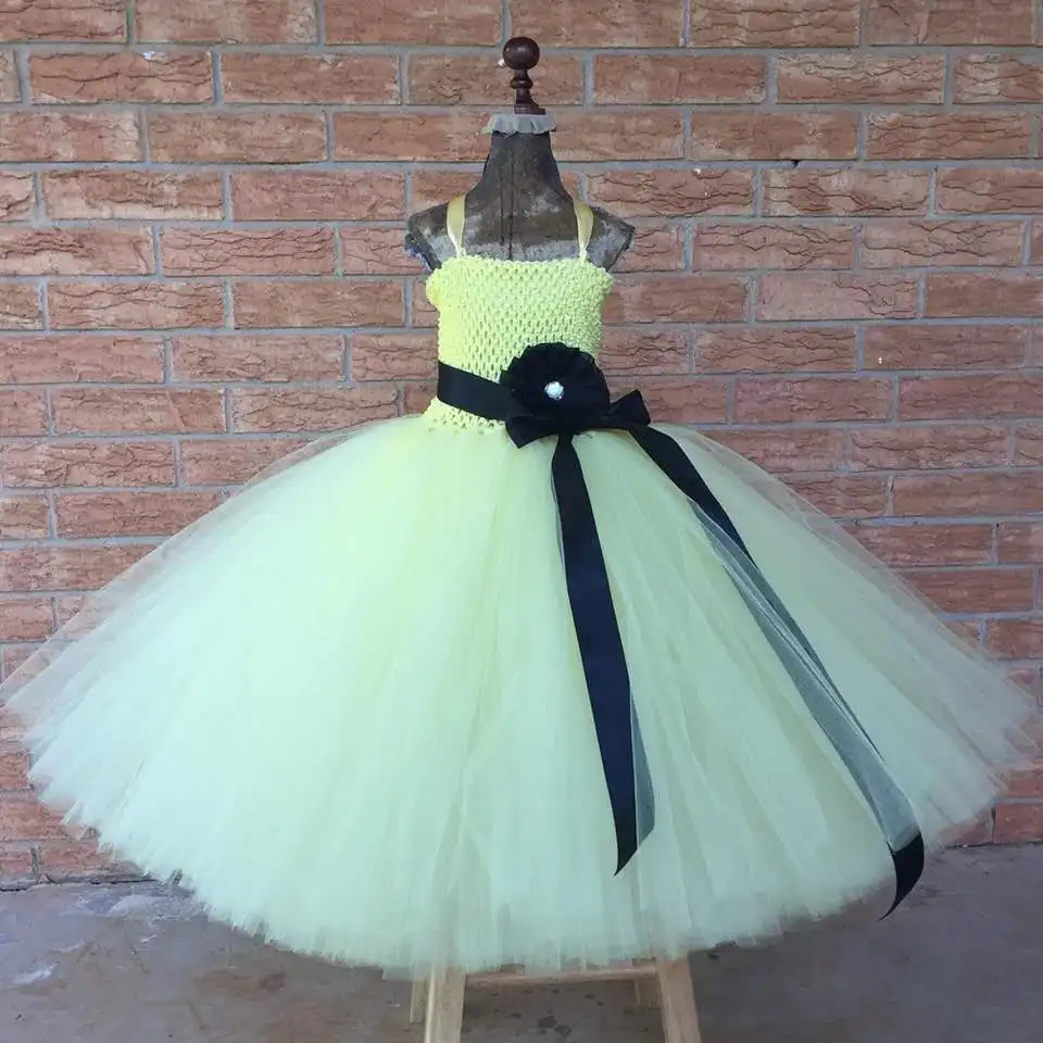 Yellow Girls Tutu Dress with Black Ribbons Princess Kids Girl Birthday Party Dress Child Tulle Flower Girl Dress Ball Gowns