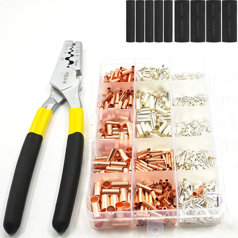 GT Copper connecting pipe wire joint small copper tube Terminal Cable Lug Bootlace Ferrule Kit  with heat shrink tube plier