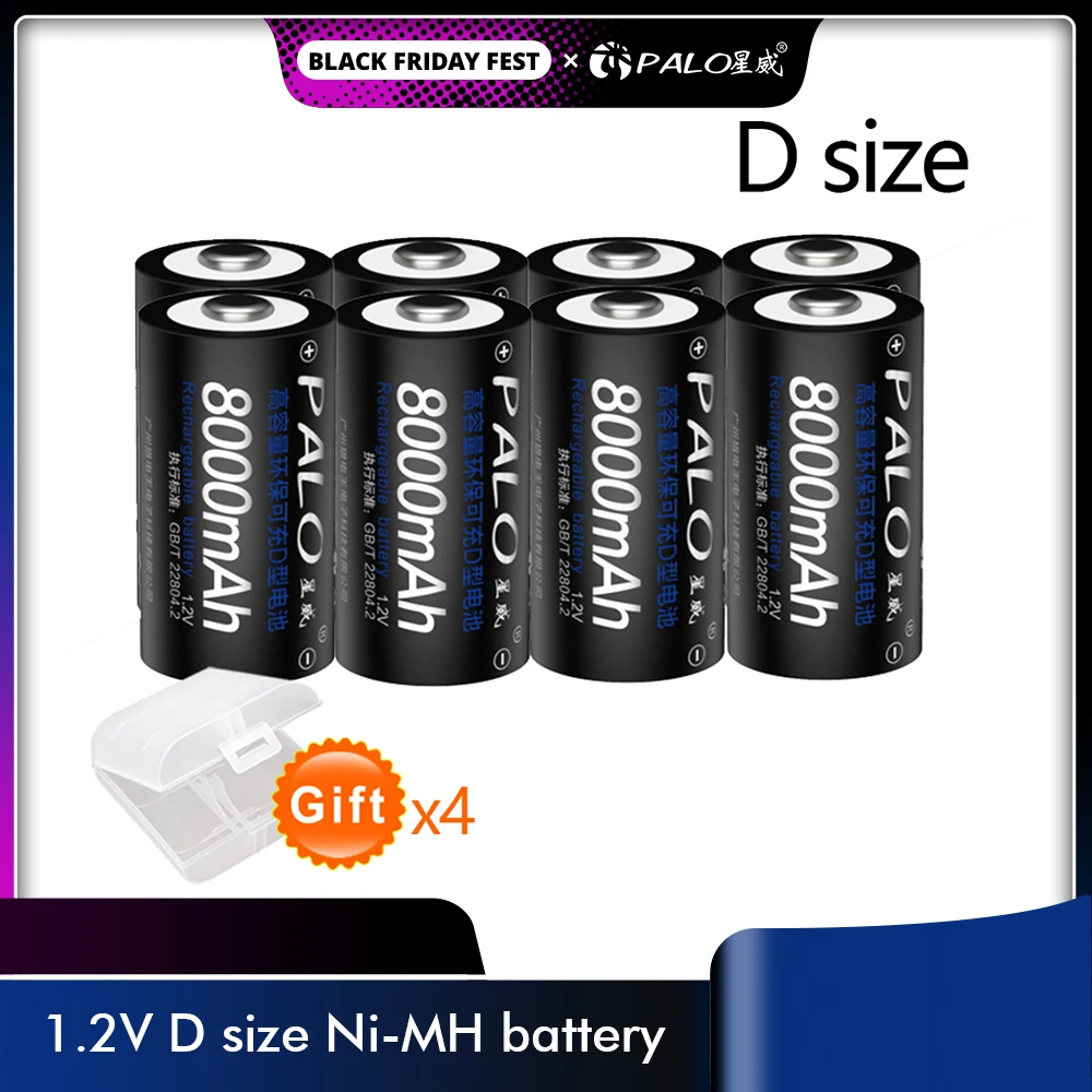 PALO 1-8pcs D Size Rechargeable Battery D Cell 1.2V 8000mAh NI-MH nimh High Capacity Current Batteries FOR Fashlight,Gas Range