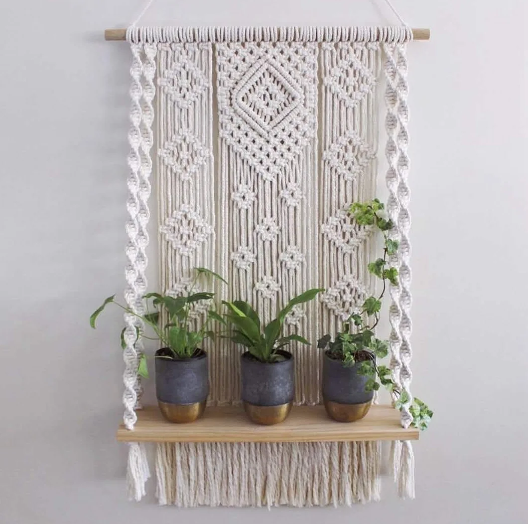 Large Handmade Macrame Tapestry Rack Cotton Rope Wooden Shelves Hanging Wall Shelf for Home Bedroom Living Room Decoration