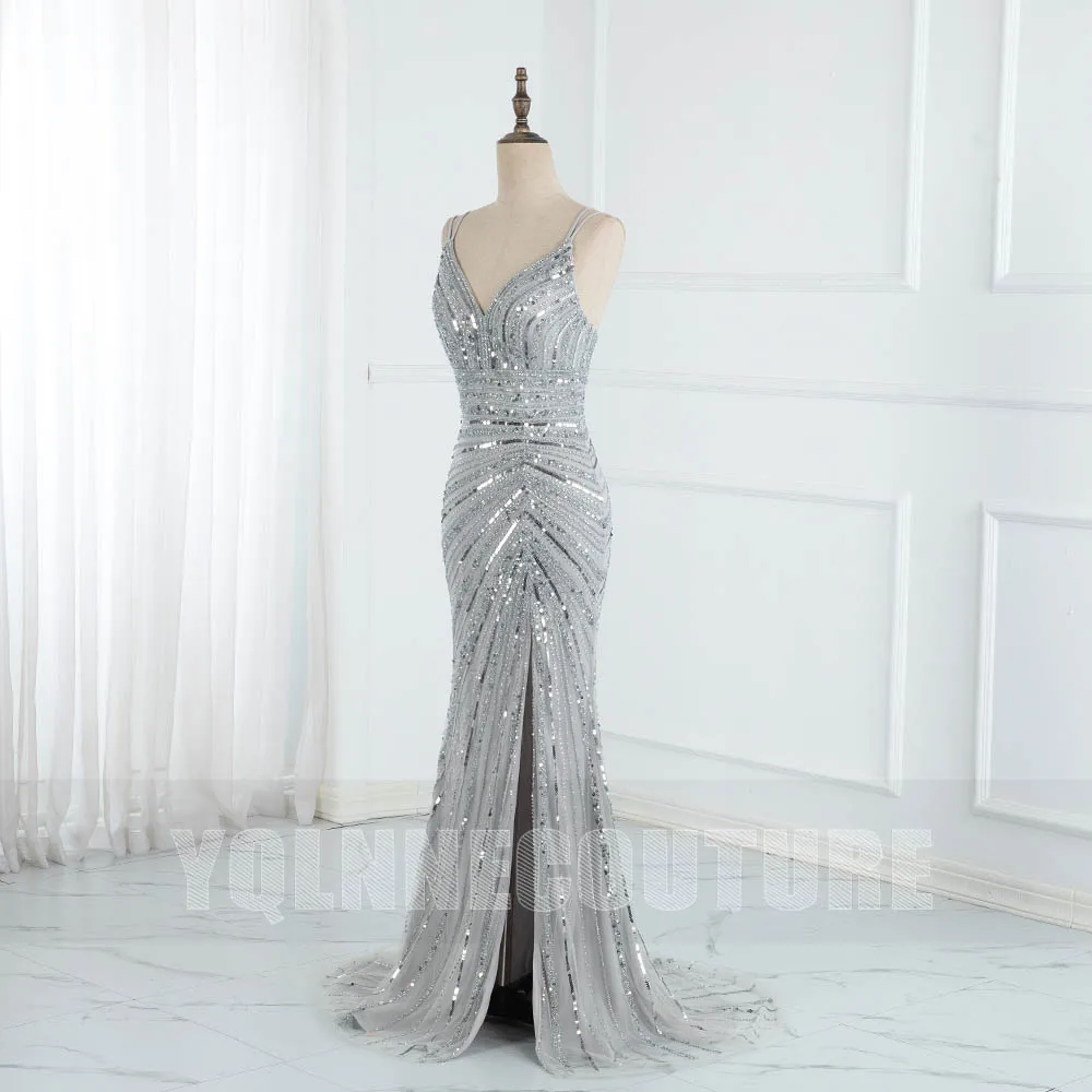 Silver Rhinestones Beaded Long Prom Dresses Spaghetti Tulle Backless Party Dance Pageant Gown Competition Robe De Soiree