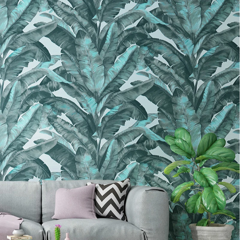 Heavy Weight Banana Leaf Tropical Wall Paper Green Plant Living Room Background Black Vinyl Wallpapers Roll,Grey,White