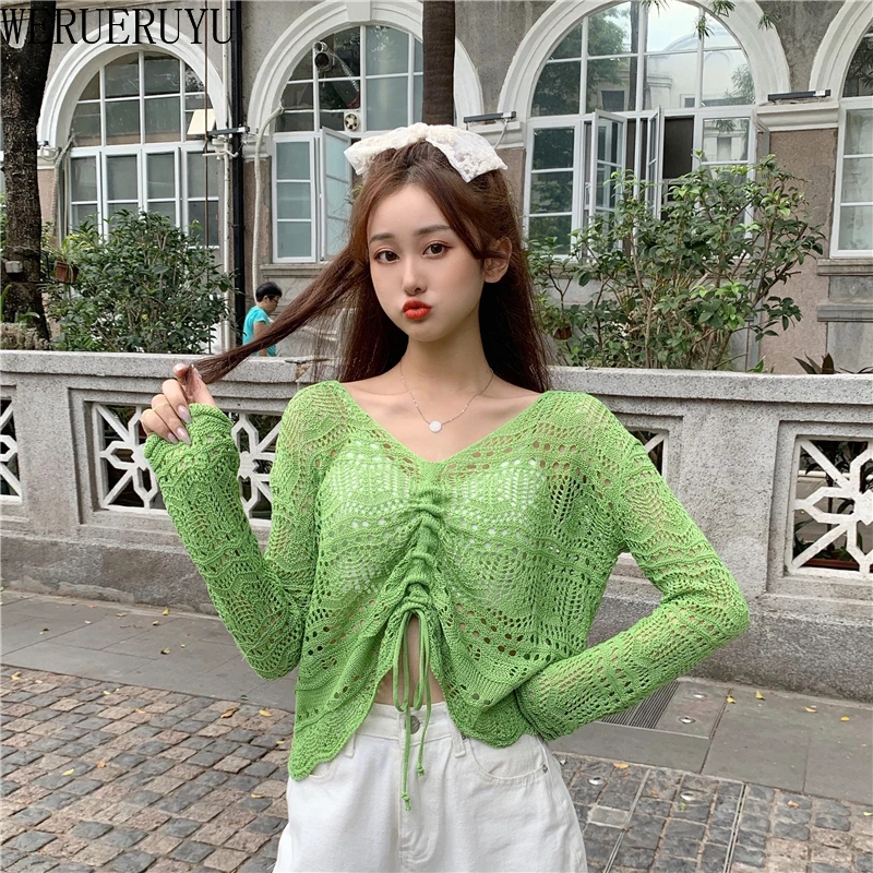 WERUERUYU 7 Colors Long Sleeve Hollow Out Sweater Women Thin Slim Tops Wild Korean Chic Sweet Candy Color Knit