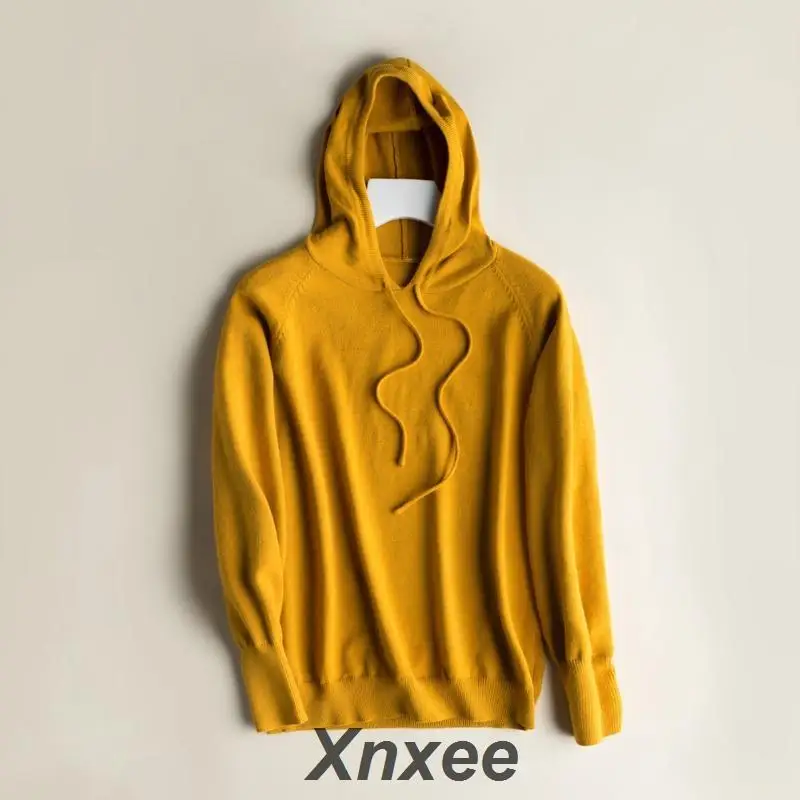 

2019 Spring and Autumn New Women Cashmere Sweater Hooded Collar Pullovers Solid Color Knit Jacket Bottomed Sweater Xnxee