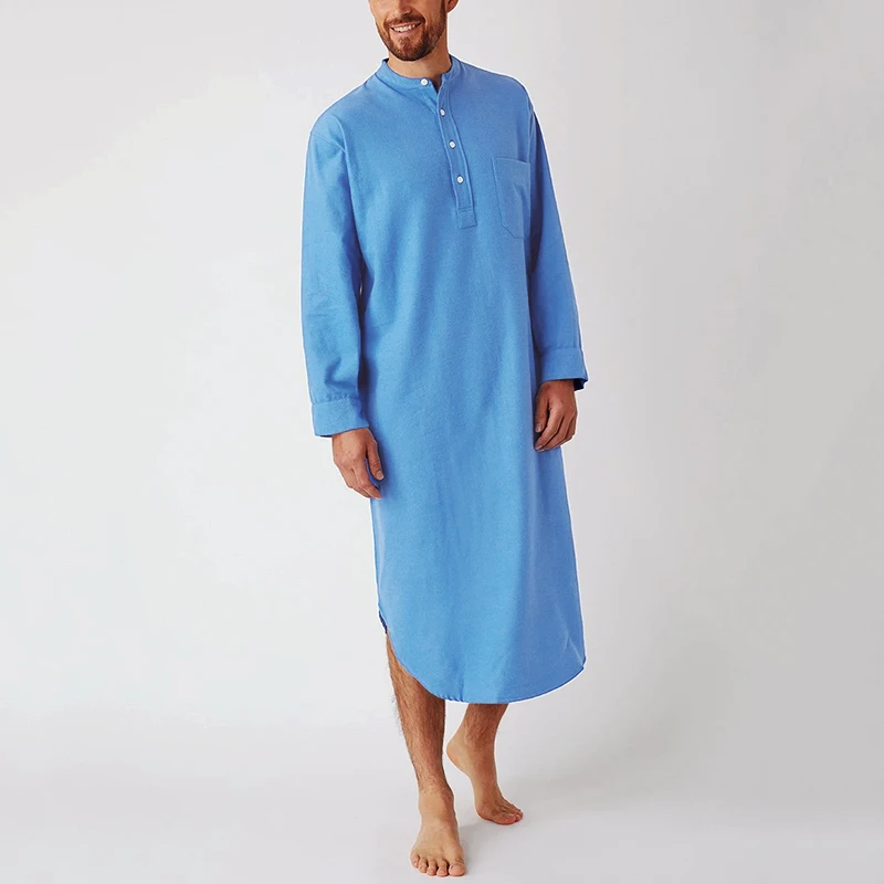 Men's Button-down Sleep Robes Solid Color Stand Collar Long Sleeve Nightgown Fashion Comfortable Home Wear Loose Bathrobes M-3XL