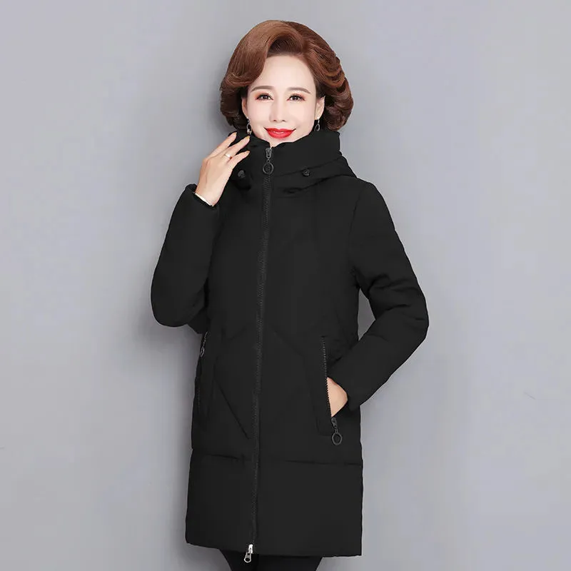 Women\'s Winter Jacket Middle-aged Mother New Cotton Padded Jacket Autumn Winter Long Hooded Warm Parka 6XL W2423