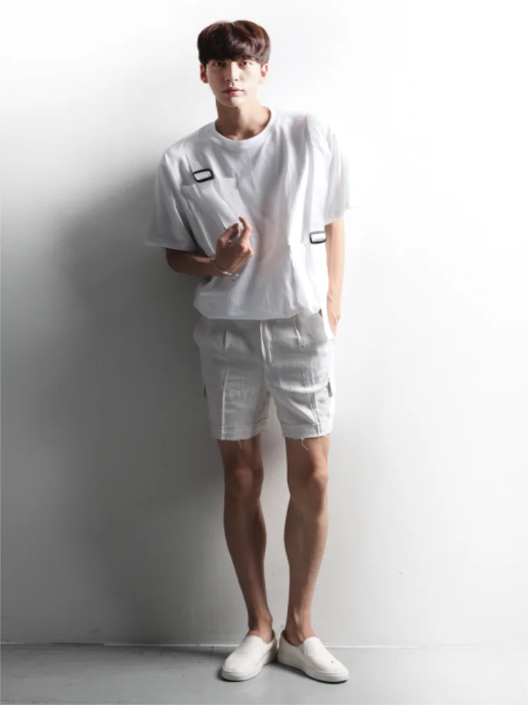 

Футболка мужская с коротким рукавом, свободная рубашка с круглым воротником и карманами, украшенная ремешками, в стиле Урбан/молодеж, Индивидуальный размер, лето