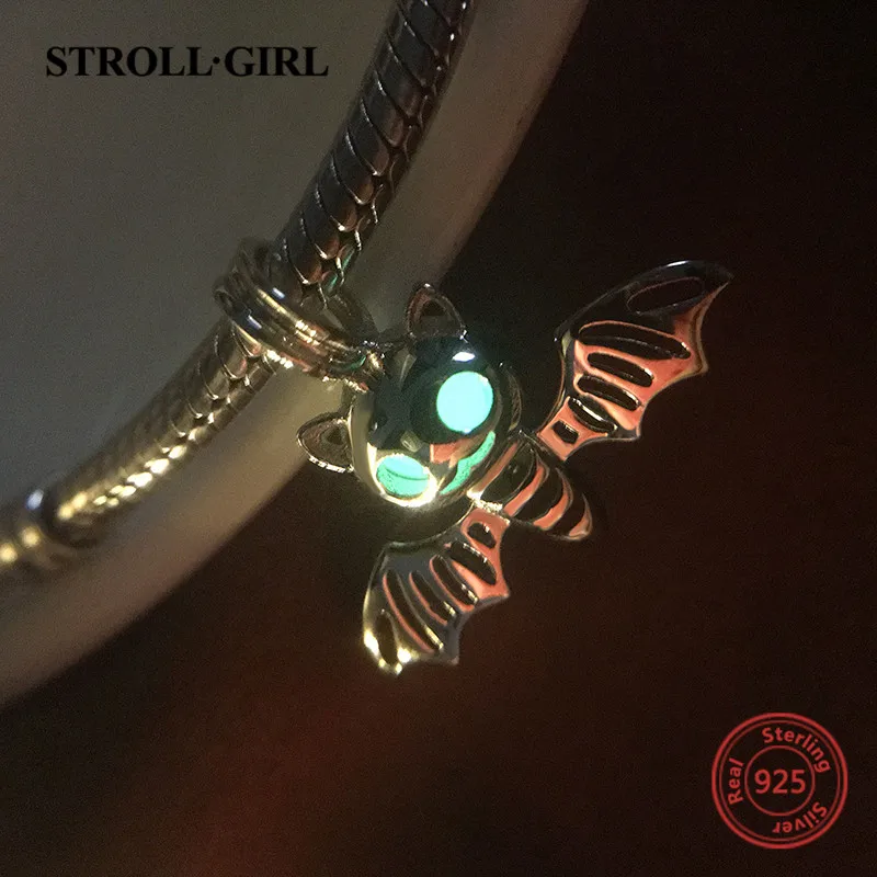 100% 925 Silver Charms Cute Animal Bat Glowing Beads Fit Original European Pendant Bracelet Diy Jewelry Making Women Gift