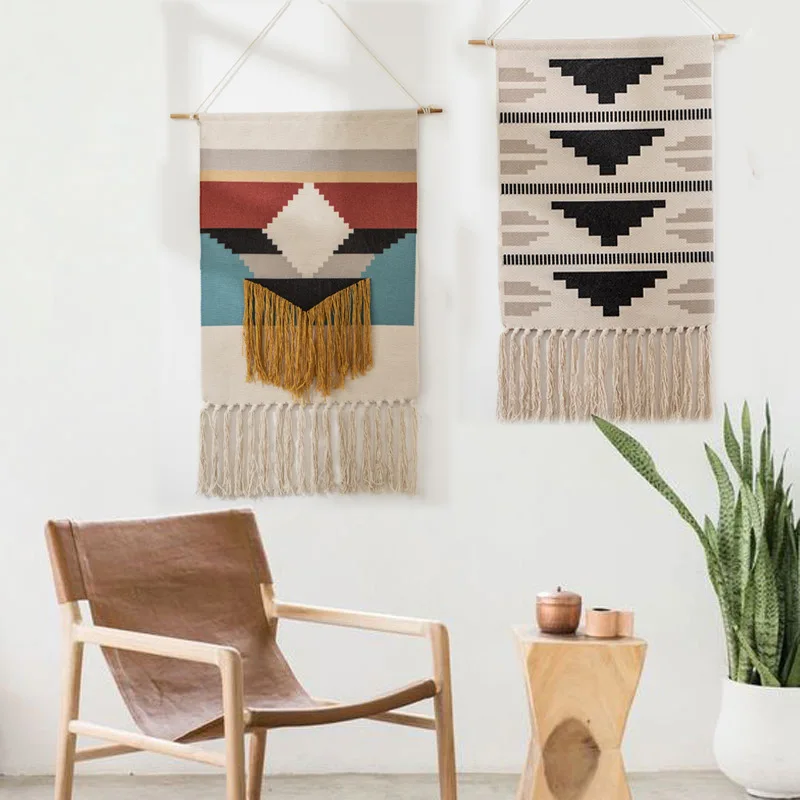 Tapestry with Tassels Draped in Bohemian Nordic Style Handwoven to Decorate the Room and Living Room Photography Props