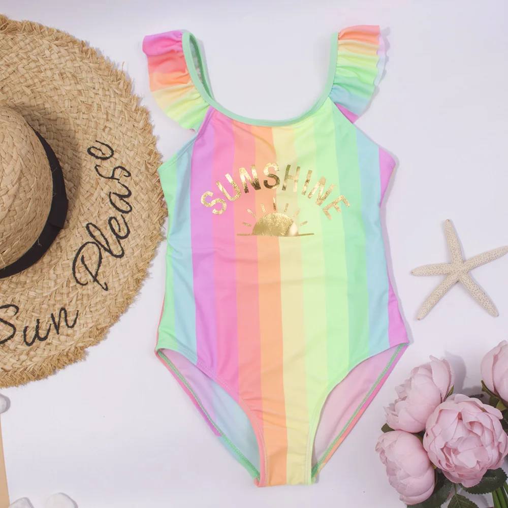 Falbala 3-8 Years Rainbow Children Swimwear Swimsuit For Baby Girls Kids One Piece Swimsuit Embroidery Girl Bathing Suit A282