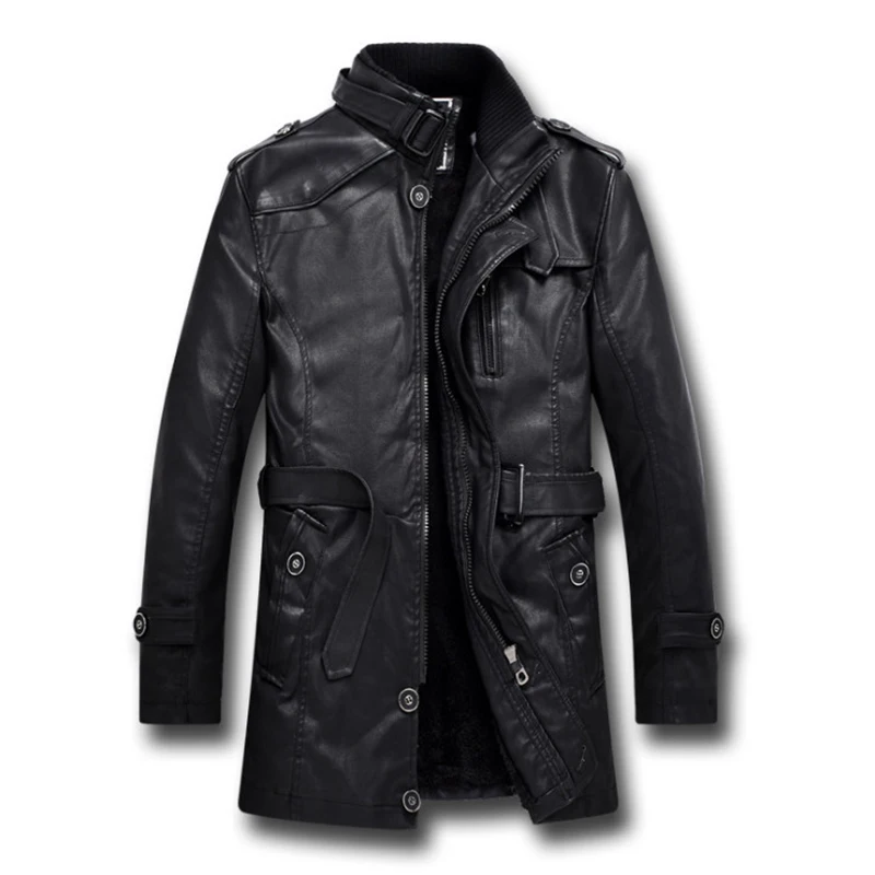 

New British Style Motorcycle Black Leather Jacket Men Mid Long Windbreaker Leather Jackets Male Coats L-4XL