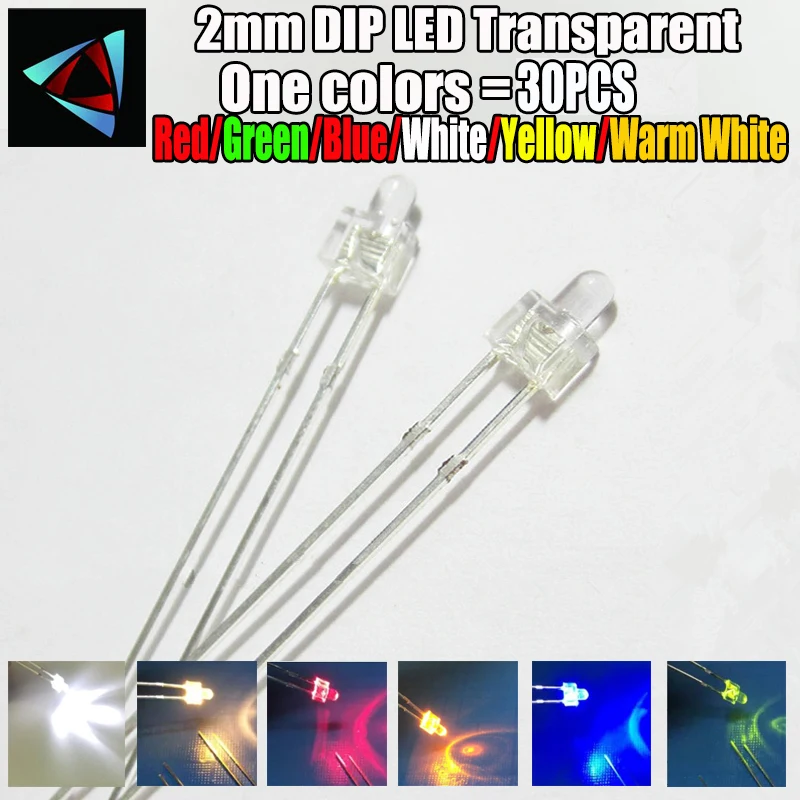 30 sztuk 2MM dioda LED mieszany kolor czerwony zielony żółty niebieski biały ciepły biały