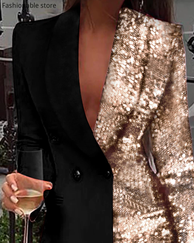 Women Office Dress Colorblock Patchwork Long Sleeve Blazer Dress V Neck Sequins Double Breasted Blazer Dress