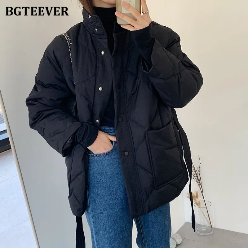 BGTEEVER Winter Thick Cotton Padded Coats Women Single-breasted Zippers Lace-up Female Parkas Stand Collar Female Jackets