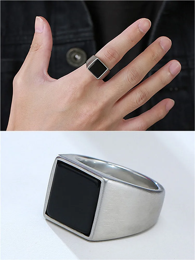 Concise Square Black Stones Titanium Stainless Steel Rings for Men Never Fade Solid Cool Masculine Finger Bands Accessories New