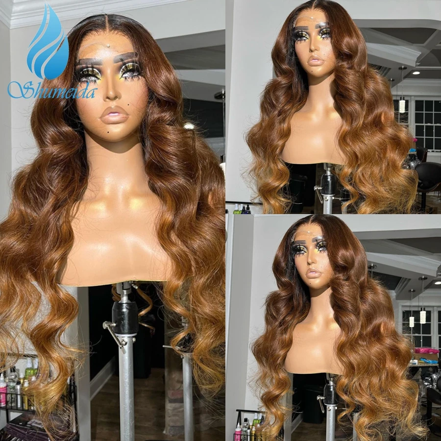 Shumeida Ombre Brown Color 13*6 Lace Front Wigs Brown Pre Plucked Hairline Peruvian Remy Human Hair Glueless Wig for Women