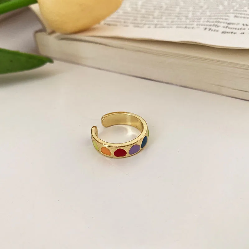 Vintage Bohemia Colorful Enamel Love Heart Ring Cute Simple Metal Rings for Women Punk Rock Jewelry