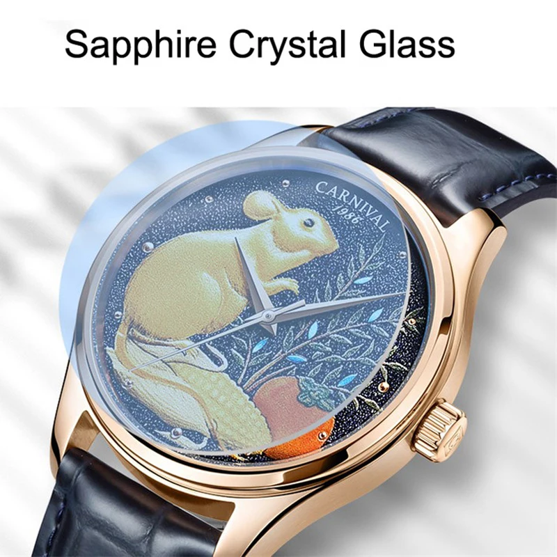 CARNIVAL Automatic Mechanical Watches Mouse Pattern Luxury Waterproof Sapphire Crystal Watch Men MIYOTA Movement Genuine Leather