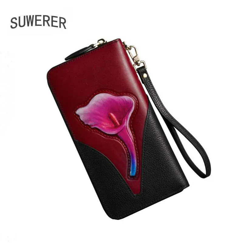 SUWERER NEW Real Cowhide bag Embossing women Genuine Leather bag Fashion flowers women Clutch bag