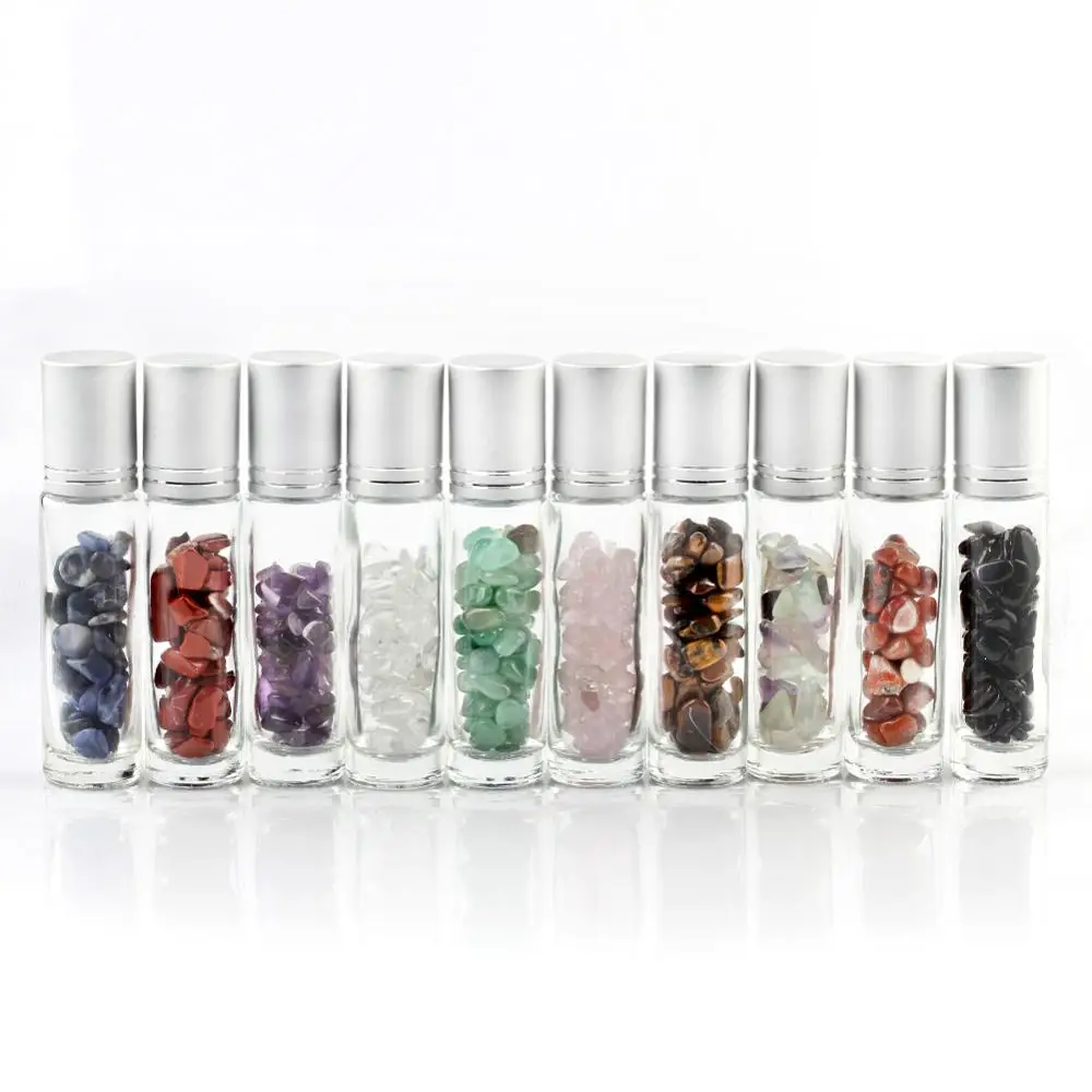 

10 pcs Refillable Clear Glass Essential Oil Perfume Bottles Natural Stone Rollerball Irregular Crystal Chips Reiki Healing Care