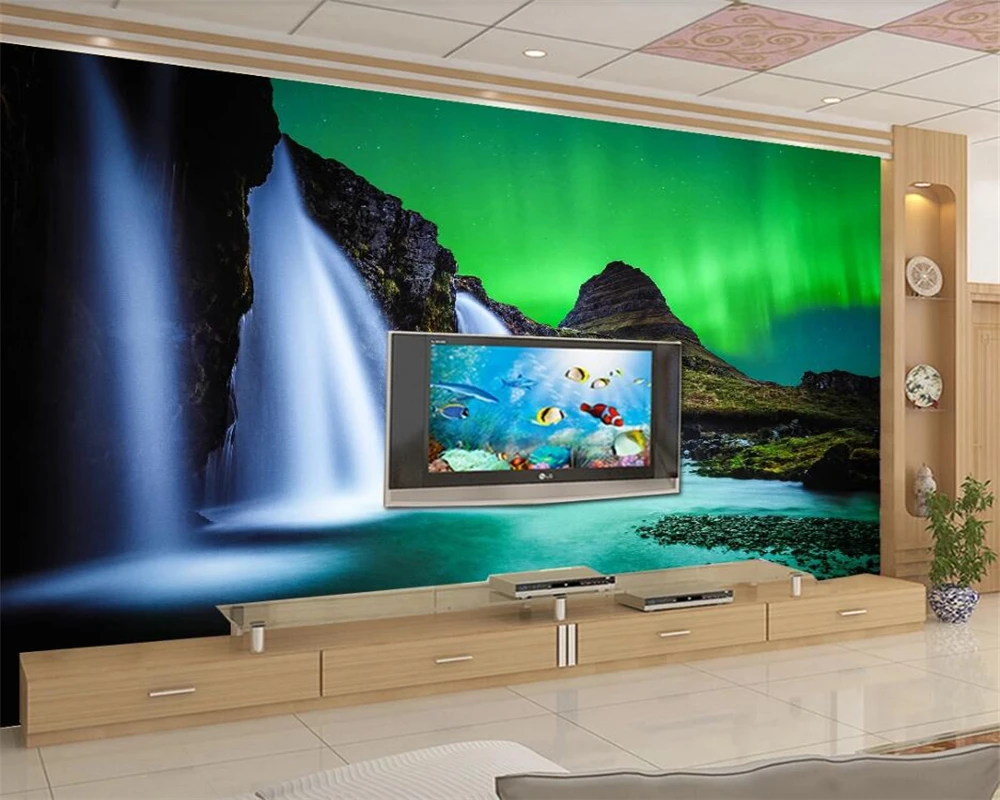 beibehang Custom wallpaper 3d waterfall landscape sea night northern lights cool gorgeous TV background wall living room 3d обои