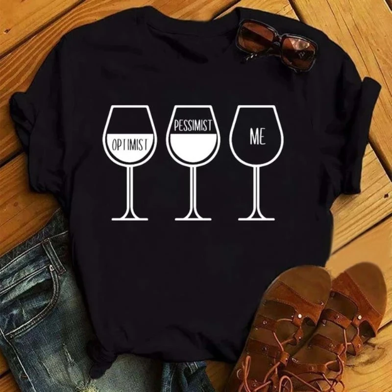 New Rose Gold Wine Glasses Tshirts Women Short-sleeve Tee Shirt Wine Glass Funny T Shirts 90s Ulzzang Female Black Tops Tees