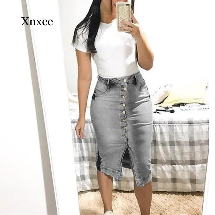 Summer Women\'s Denim Skirt Ladies High Waist Sexy Wrapped Hip Torn Destroyed Tight Skirt Pencil Midi Skirt